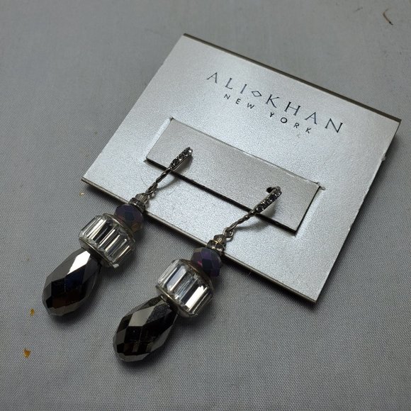 ALI KHAN grey faceted drop with rhinestones fish hook earring with gift box - Picture 5 of 7